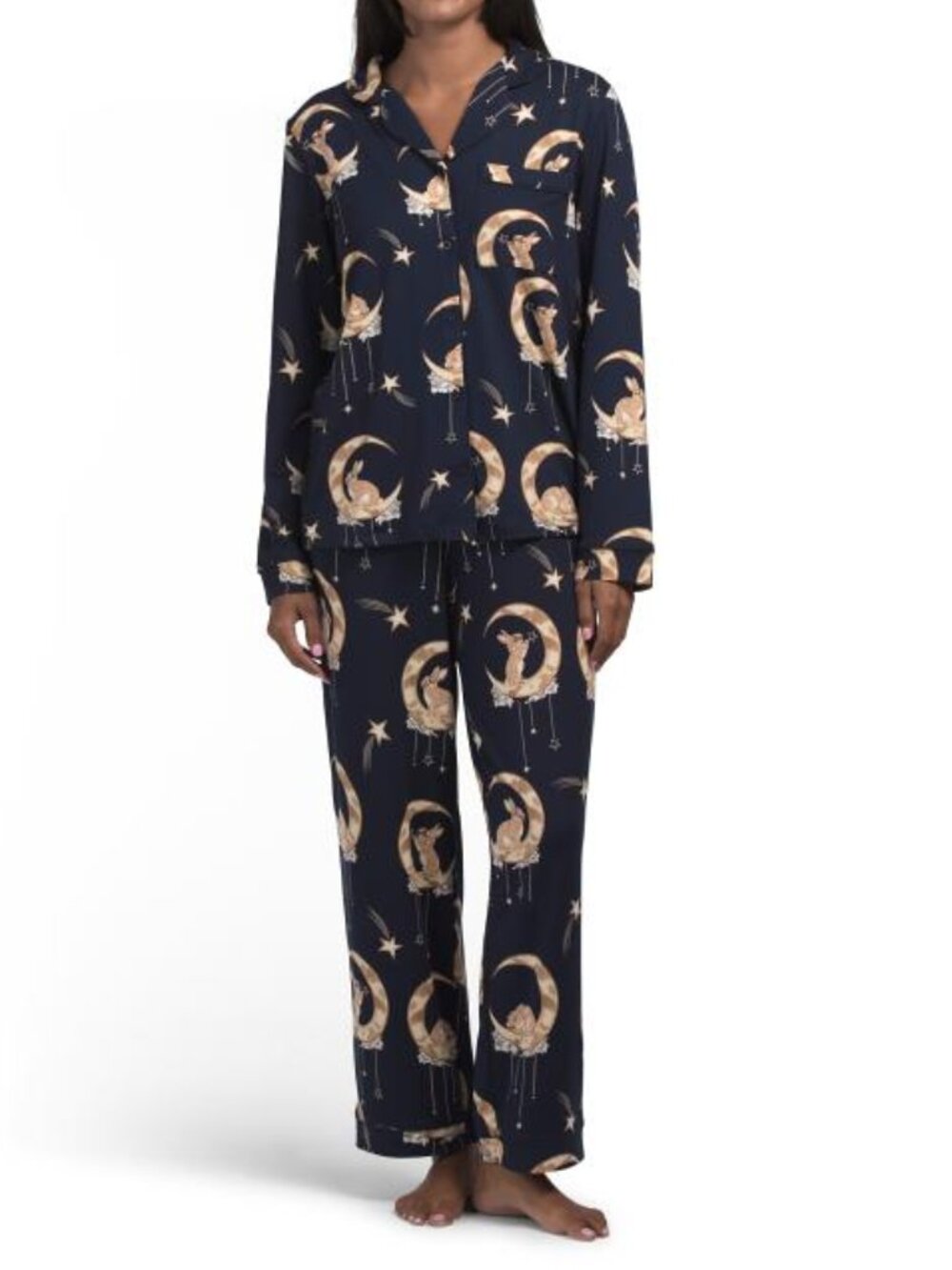 CHELSEA PEERS 2pc Celestial Print Notch Collar Top And Pants Pajama Set